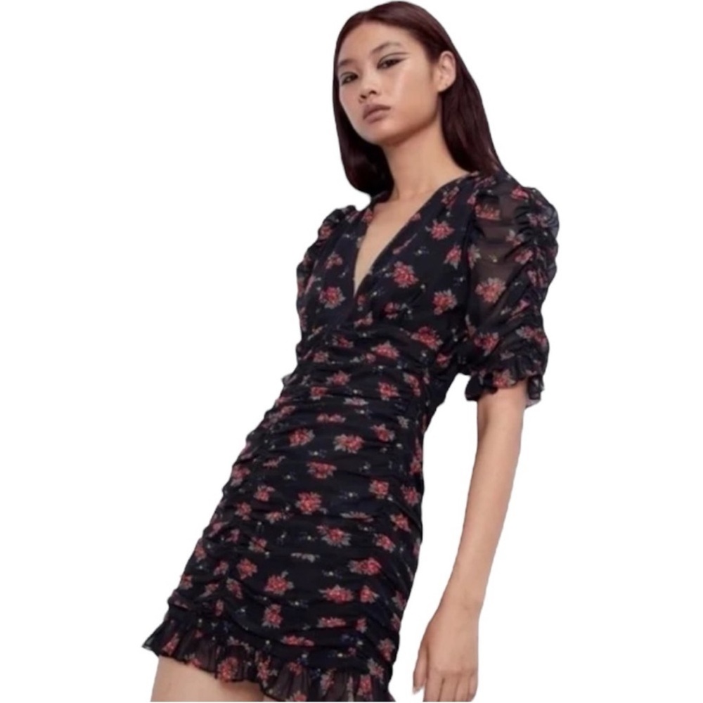 Zara Floral Ruched Mini Dress Mesh Ruffle Plunge V-Neck Puff Sleeve Size Small - Picture 2 of 8